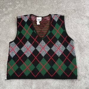 Vintage Argyle Sweater Vest Size L Black Green Huntington Ridge Preppy Academia